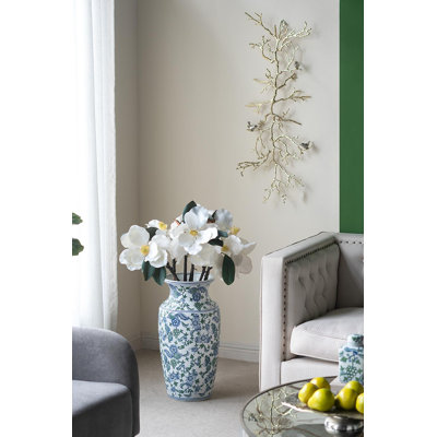 Decorative Porcelain Vase with Cherry Blossom Patterns - 12"Dia. x 24" - Blue/Green/White