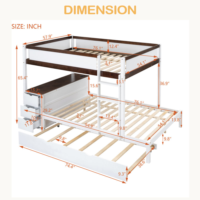 Lit superposé avec lit gigogne simple, rangement et bureau, Lit superposé double sur double, Blanc/noyer