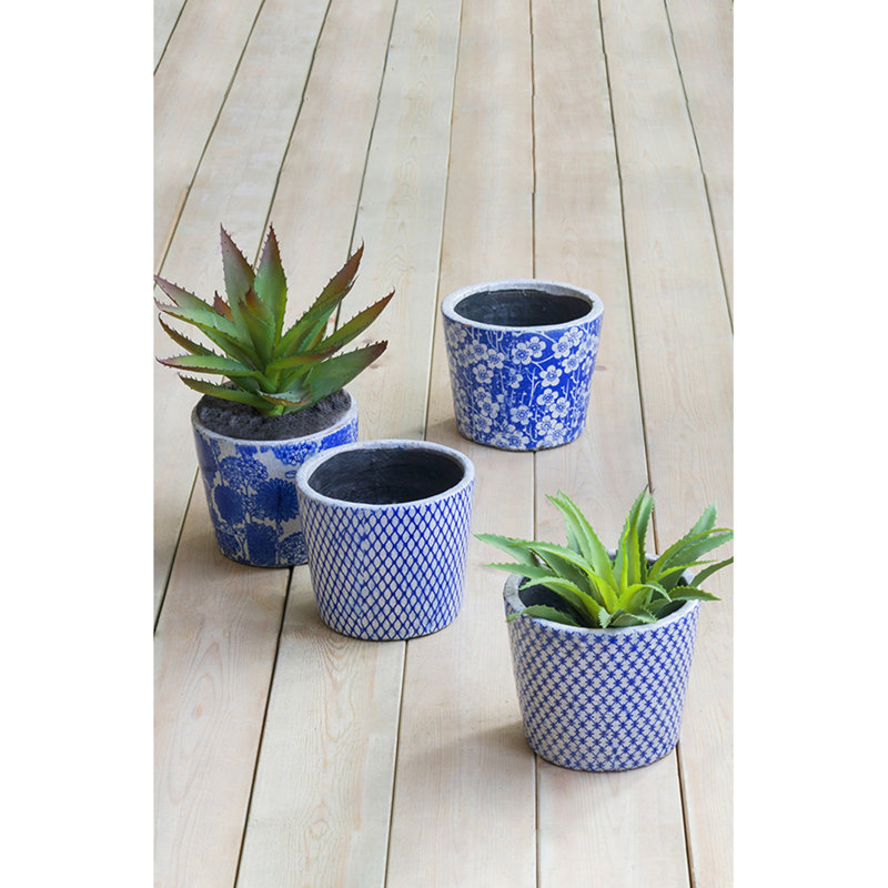 Jardinière en terre cuite, bleu blanc vieilli