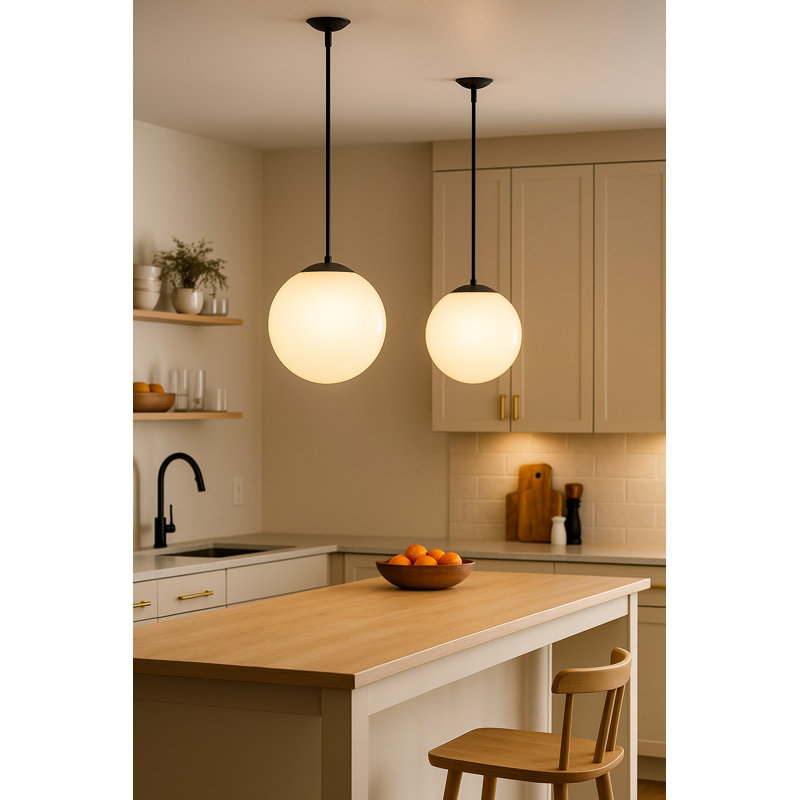 Warby Single Light Orb Pendant Light, Black, 14.25" H x 13.5" W x 13.5" D, Etched Opal