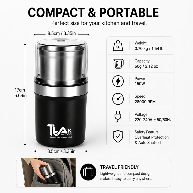 Ttak Houseware Electric Coffee Grinder W/Ditachable Cup 200w Powerful Copper Motor Stainless Steel Blades Removable Bowl Multiple Use Coffee Bean, Herb Grinder, Spice Grinder