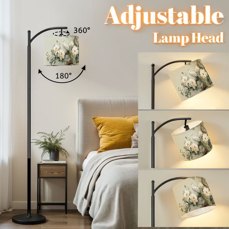 Lampe sur pied à arc avec abat-jour réglable Chinoiserie oiseau d'art animalier jaune paon beige Élégante queue sur pied 3 températures de couleur à haut gradateur avec interrupteur au pied pour la chambre à coucher