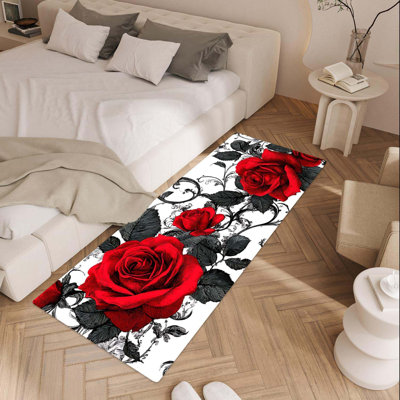 Red Rose Laundry Room Rug 18X47 Inch – Vintage Sketch Floral Non Slip Runner Mat For Kitchen, Laundry And Home Decor