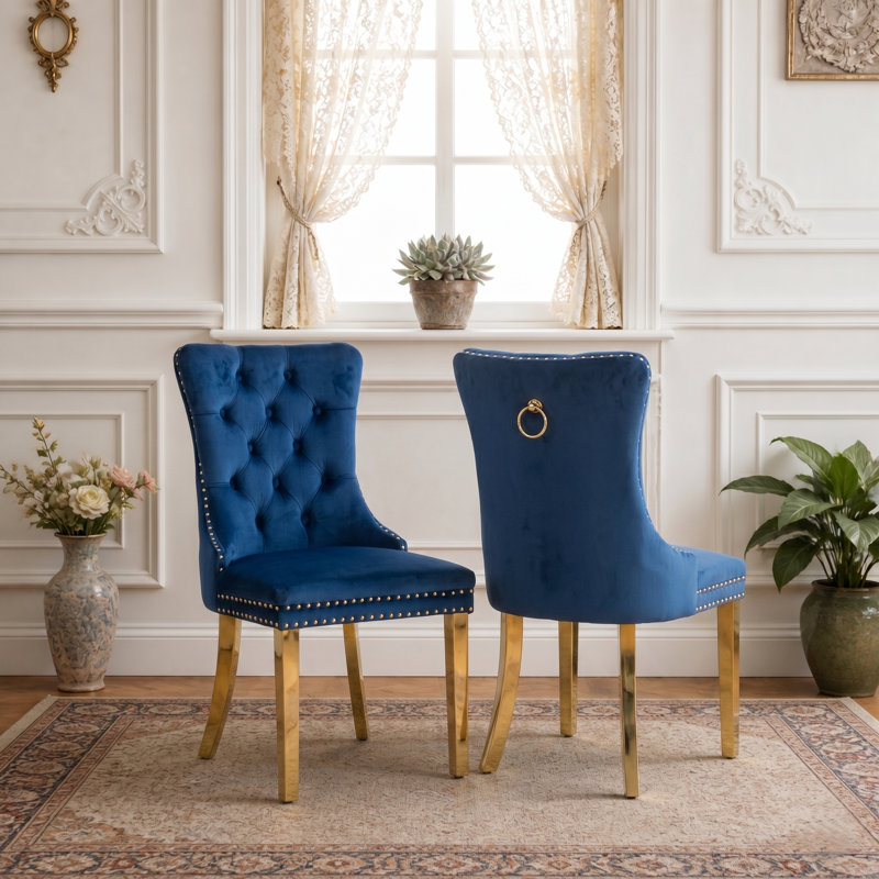 Chaise de salle à manger moderne en velours avec dossier capitonné et garniture cloutée (lot de 2)