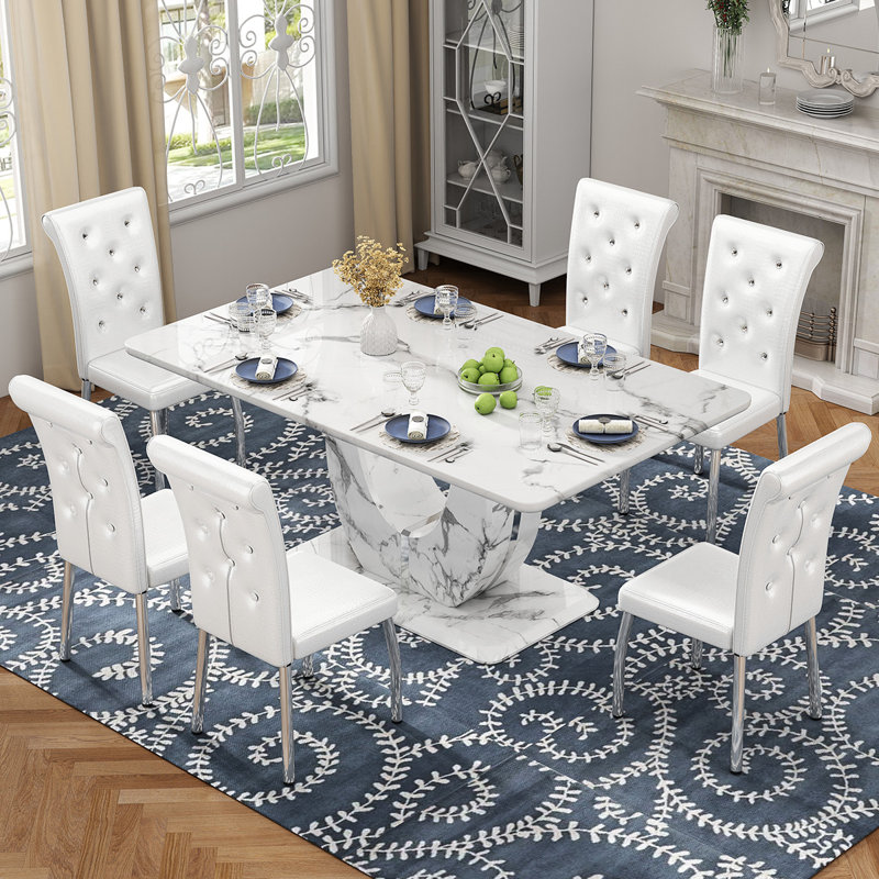 Modern 63" Faux Marble Dining Table Set with Spring-Supported PU Leather Chairs, White/Silver, 7