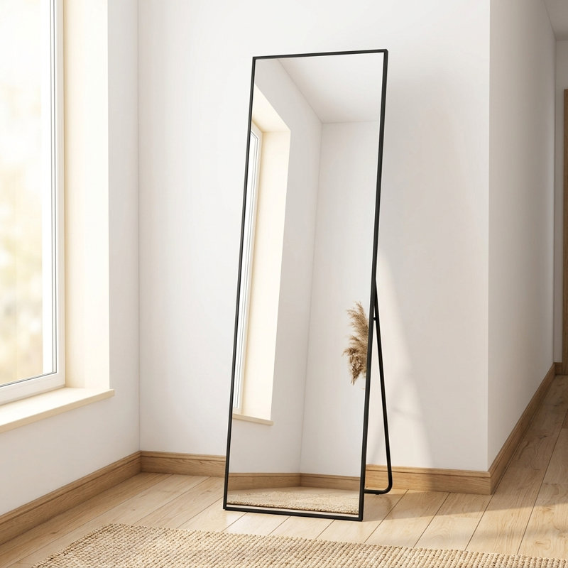 59" x 16" Aluminum Alloy Full Length Mirror, Rectangle Wall or Floor Standing Mirror with Stand, 59" x 16", Black, Rectangle