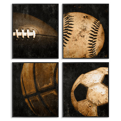 Ensemble de giclée encadrée de 4 balles de sport vieillies, design par Kim Allen
