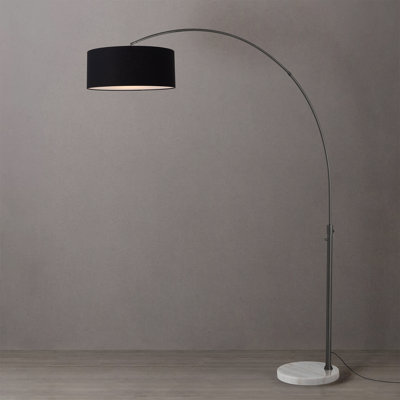 Lampe à arc 92 po Float - nickel noir, base en marbre blanc, abat-jour tambour en lin noir, à intensité variable, ampoule incluse