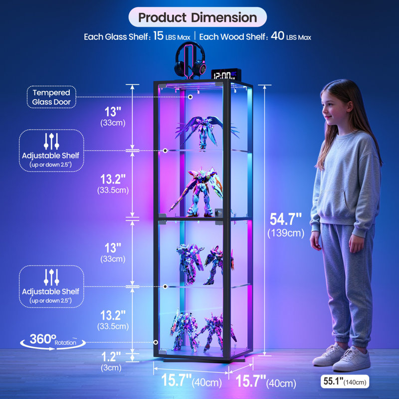 360° Rotating Glass Display Cabinet, 4-Tier Lockable Curio Cabinet with RGB Lights & Adjustable Shelves, Black