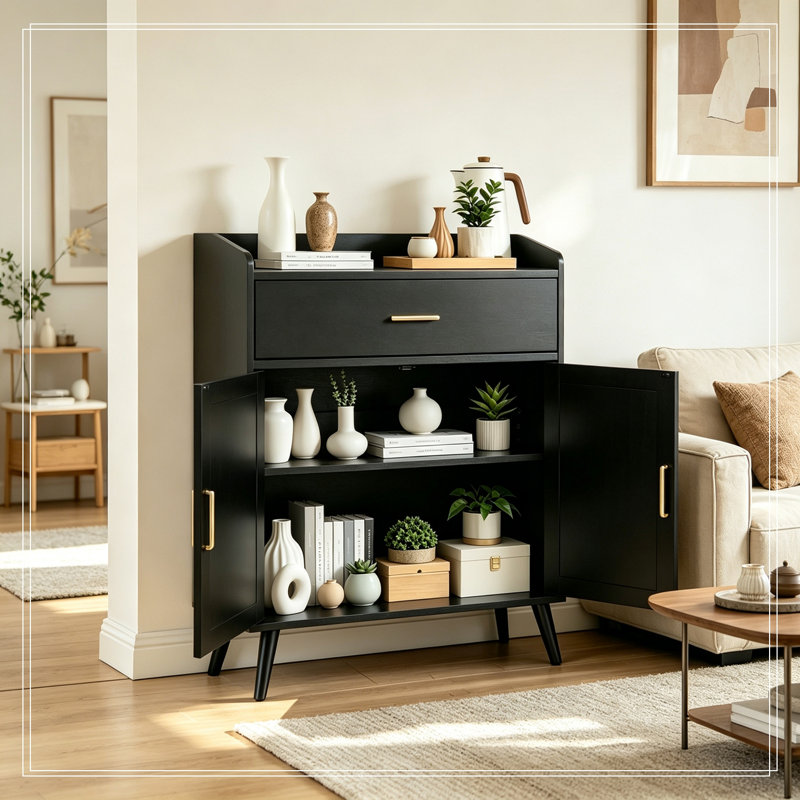 Armoire de rangement à double porte et 1 tiroir, Noir