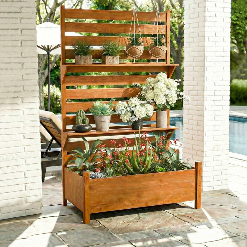 Cloison d'intimité d'extérieur avec jardinière, H 72,8 po x l 26 po x P 41,3 po, cloison de patio autoportante en bois massif avec tablette à 2 niveaux, brun clair