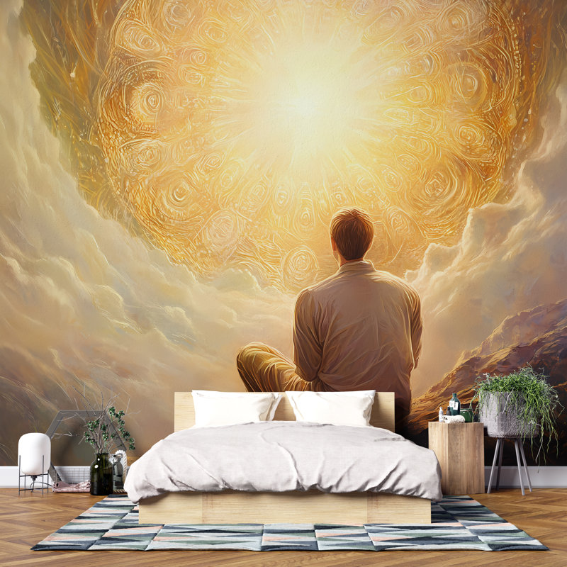 Papier peint Dreamy Tree Swing - murale Twilight Mist avec coucher de soleil et oiseaux en vol, L 100 po x l 100 po