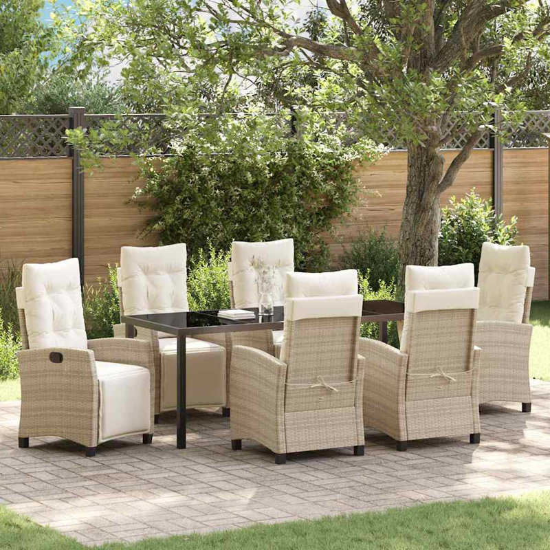  Ensemble de salle à manger de jardin avec coussin 7 pièces en rotin de polyester beige, Coussin beige / structure naturelle