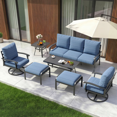 7 PCS Outdoor Metal Conversation Set With 360° Swivel Rocking Chairs, Sofa, Coffee Table&Ottoman For Patio, Garden, Deck Or Poolside