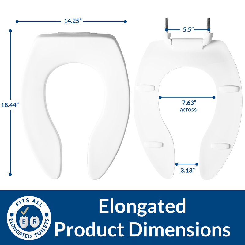 9500SSCT Open Front Toilet Seat, No Cover, Steel Slow Close Hinges, ELONGATED, Plastic, White