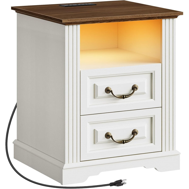 Tables de bout à 2 tiroirs Farmhouse, table de chevet de 17,7 po de largeur avec station de charge et lumière DEL