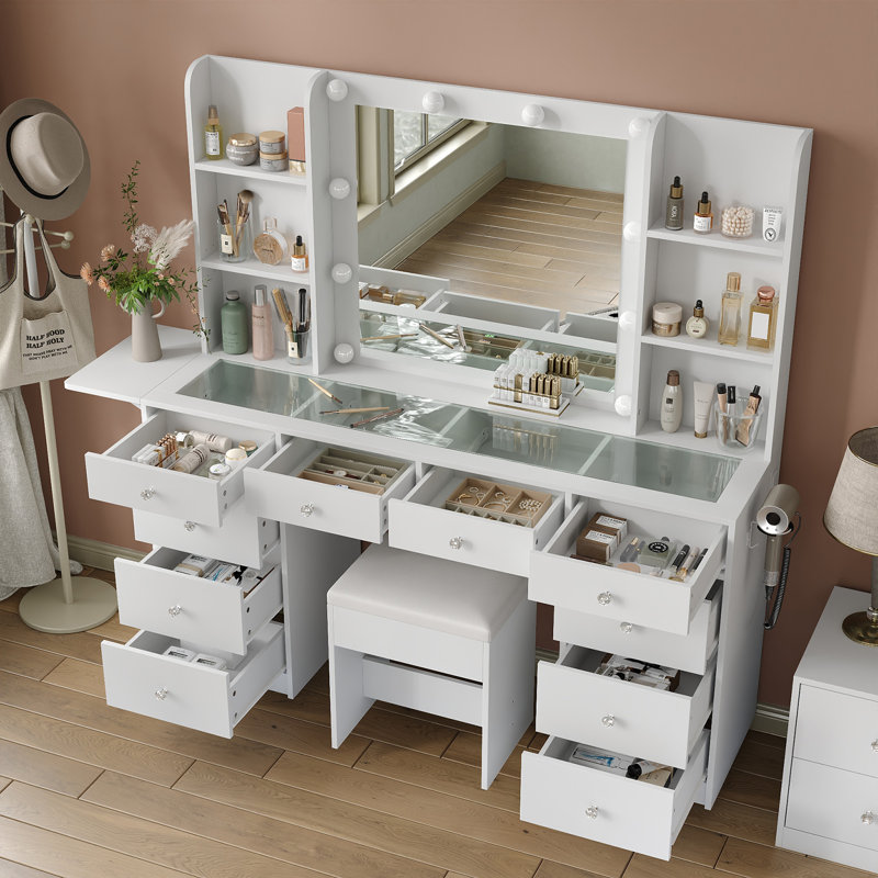 Makeup Vanity with Lighted Mirror, Charging Station, 4 Shelves, Fold-Up Panel, 10 Drawers, 3 Lighting Modes, White