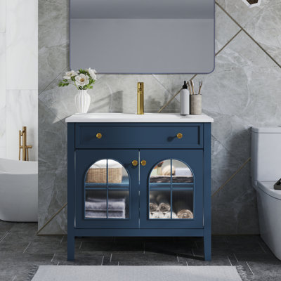 Meuble-lavabo de salle de bain 35,6 po Mid-Century avec verre à motif et bande lumineuse à capteur de mouvement, meuble-lavabo sur pied Farmhouse
