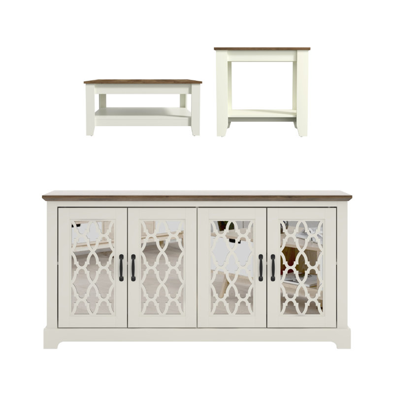 Weddel Basilico Transitional Media Storage Living Room 3-Piece Set, Ivory, Knotty Oak
