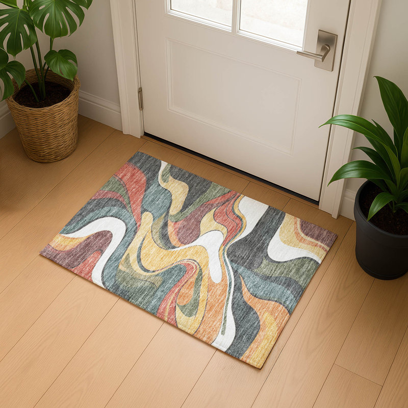 Premium Machine Washable Mayfield  swirls Rug, Gold, 1'8" x 2'6"