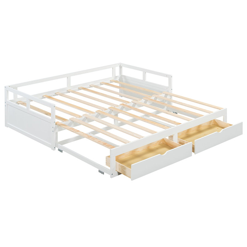 Wooden Daybed with Trundle Bed and Two Storage Drawers , Extendable Bed Daybed,Sofa Bed for Bedroom Living Room, White