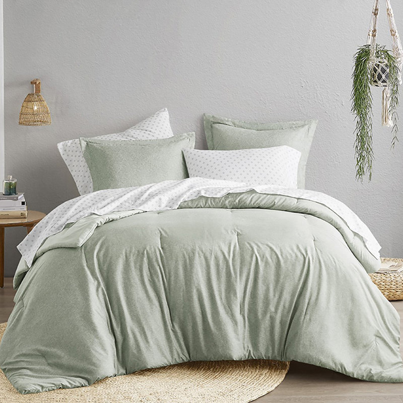 Camden Chambray Print Microfiber Comforter Set With Bed Sheets, Green, Queen Comforter + 6 Additional Pieces