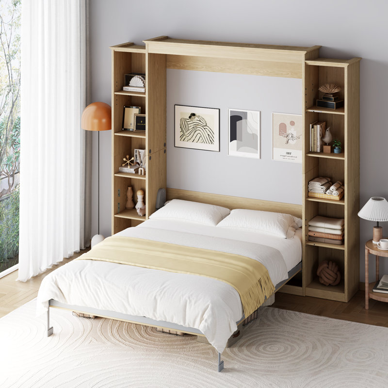 Queen Size Murphy Bed Space-Saving Wall Bed With Storage Shelves, Natural , Queen