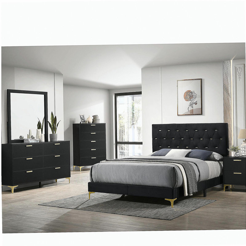 Black and Gold 2-Drawer Rectangular Nightstand, Black