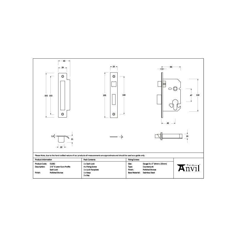 Euro Profile Sash Lock, Polished Bronze