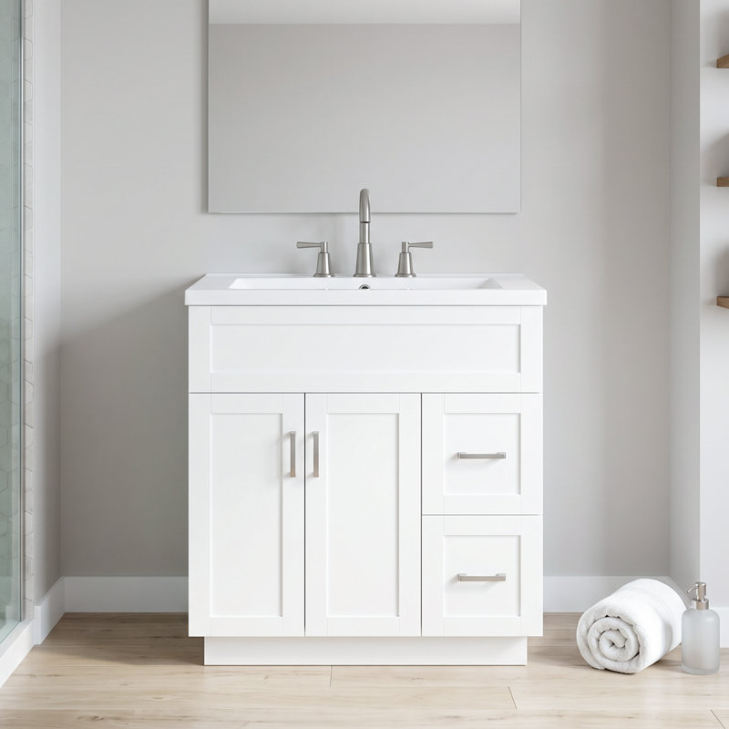 Meuble-lavabo standard autoportant en MDF de 76 cm (30 po), blanc, avec lavabo en résine, tiroirs à fermeture amortie et étagères à deux niveaux. Robinetterie non incluse.