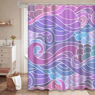 Rideau de douche imperméable rose mauve à motif floral ondulé avec 12 crochets
