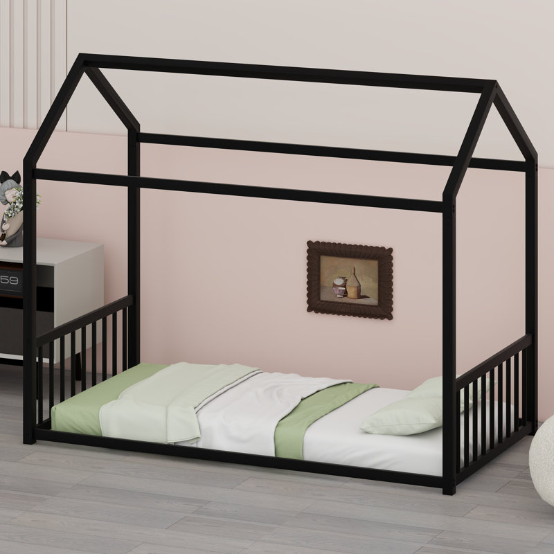 Minimalist House-Style Floor Bed For Independent Sleepers, Black, Full