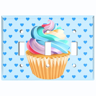 Metal Light Switch Plate Outlet Cover (Colourful Cupcake Blue Heart Polka Dots - Single Toggle)