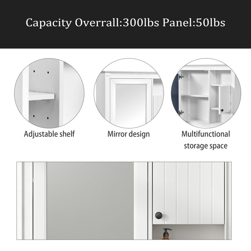 Armoire de salle de bain murale 32 po avec miroir, armoire à pharmacie murale avec 3 tablettes, armoire de rangement avec porte à miroir, blanc