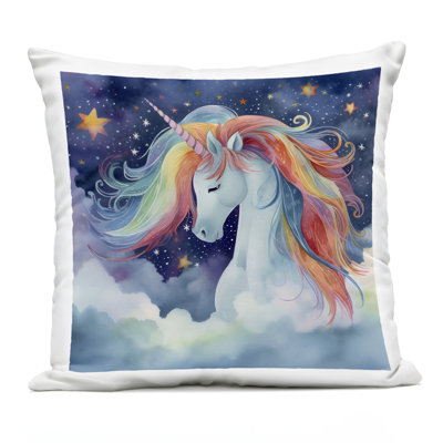 Rainbow Mane Unicorn in Clouds Outdoor Printed Pillow, design by Creative Studio, 18 x 7 x 18