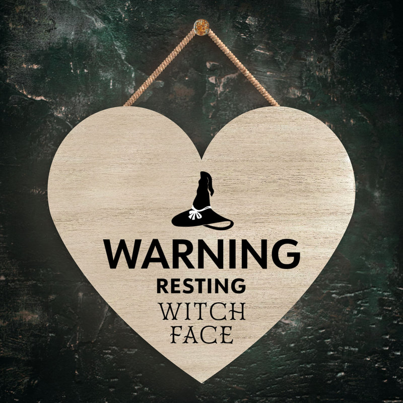 Warning Resting Witch Face Wooden Heart Plaque, Brown