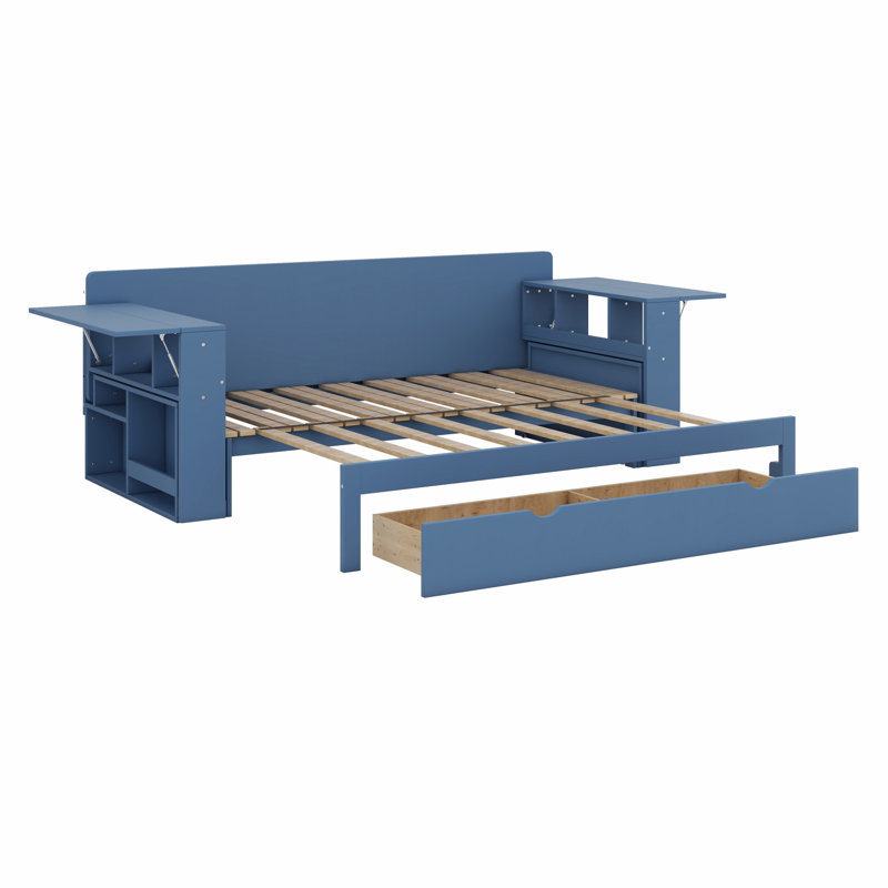 Lit de jour avec bureau amovible, tiroirs de rangement et table d'appoint hydraulique, Grand, Bleu