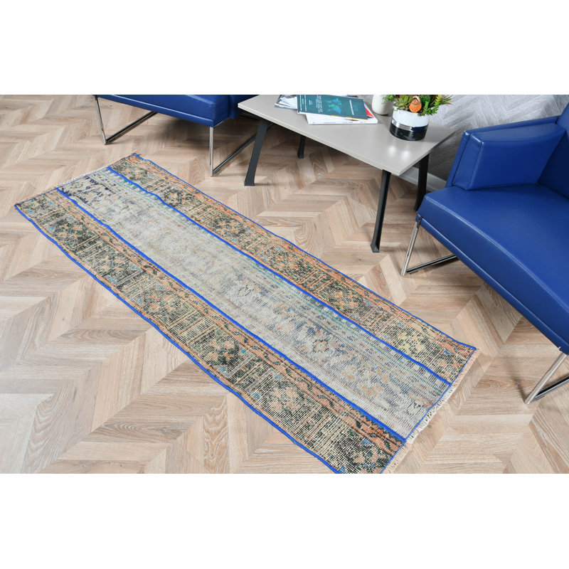 Handwoven Turkish Oushak Runner Rug in Blue for Living Room Decoration and Ideal Gift for Home
