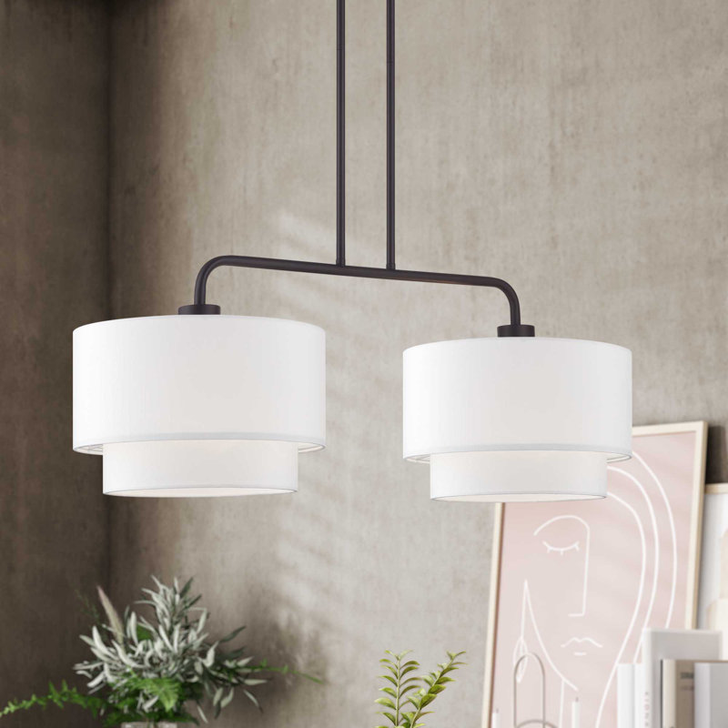 2 Light Soft Gold Large Linear Chandelier With Hand Crafted Off-White Color Fabric Hardback Shades, Bronze