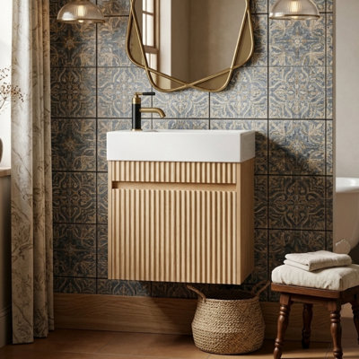 Floating Bathroom Vanity with Reversible SMC Sink, Handleless Storage Cabinet, Modern, Small Bathroom