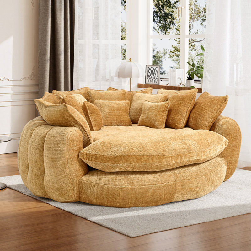 Très grand canapé à billes à compression - grande causeuse ronde avec coussins, Chenille jaune