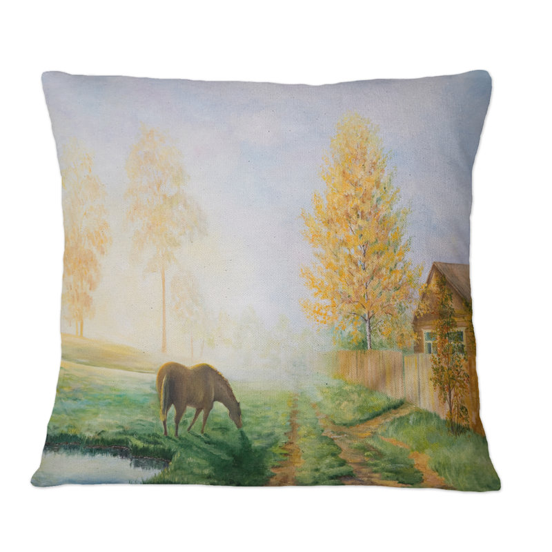 Coussin dans un paysage champêtre - Grazing Horse, 16 po x 16 po