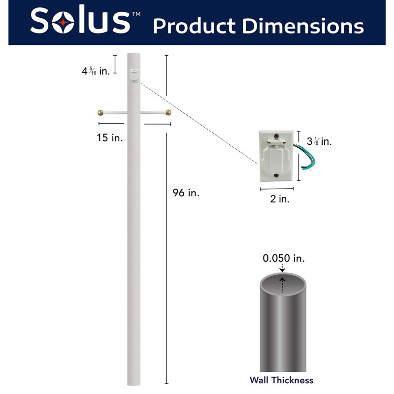 Solus 7, 8, or 10 ft. Direct Burial Lamp Post with Decorative Cross Arm and Convenience Outlet, White, 96" H x 3" W x 3" D
