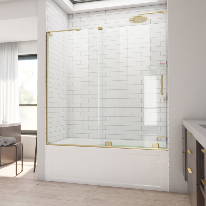DreamLine Mirage-X 55 - 59 inch W x 58 inch H Frameless Sliding Tub Door, Brushed Gold/ Clear