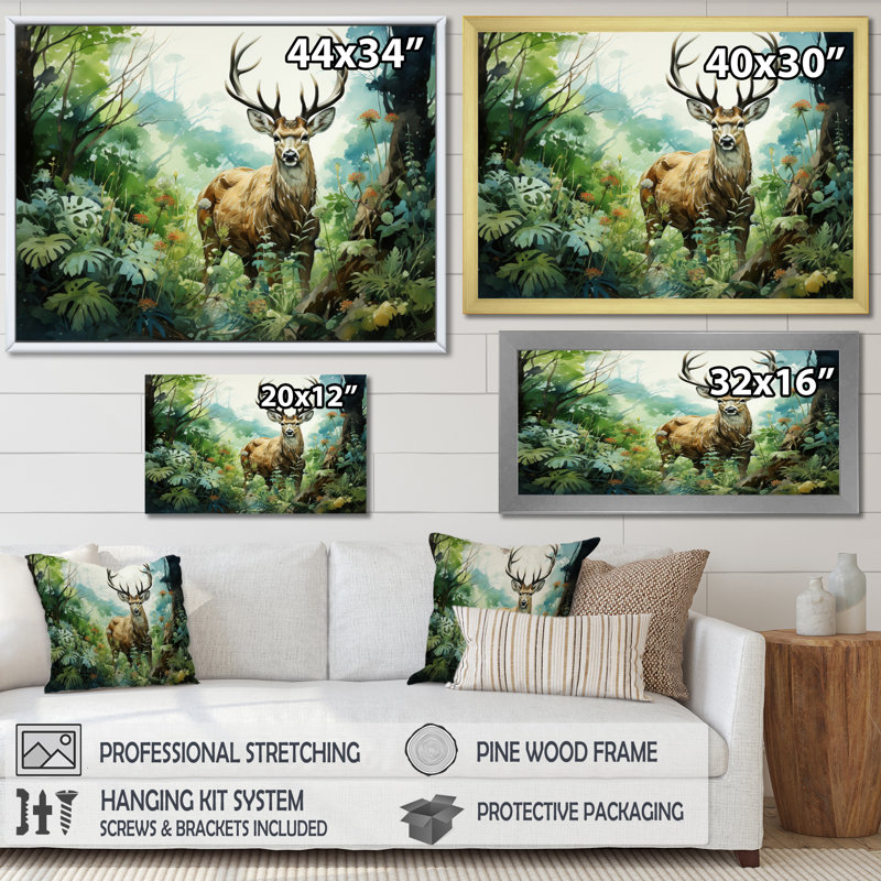 Deer Emerald Grace I - Animals Wall Art Prints, H 34 po x l 44 po x P 1,5 po, Cadre simple blanc