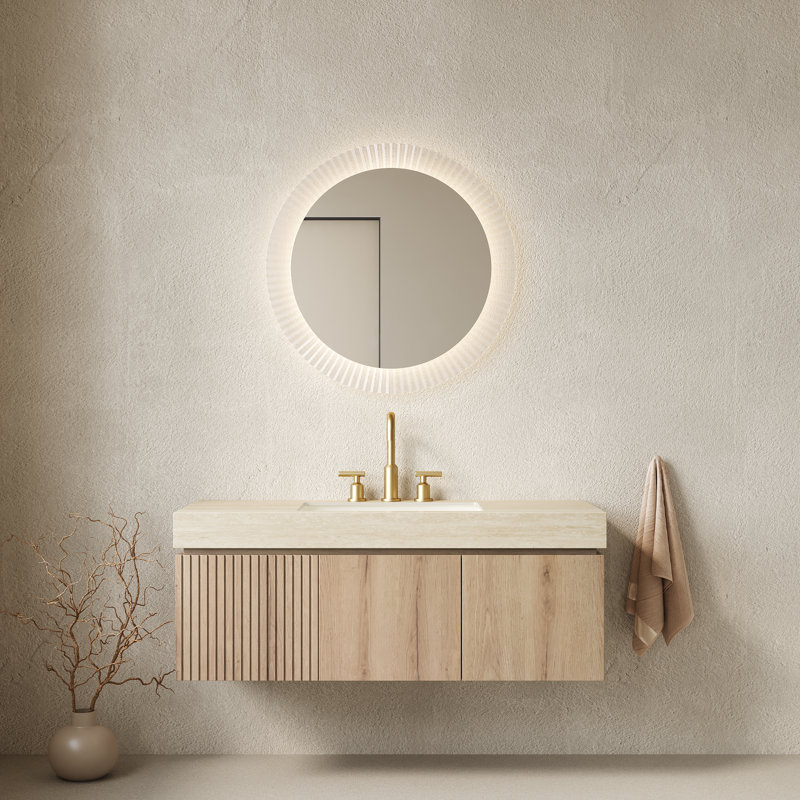 Meuble-lavabo 48 po en chêne blanc flottant en travertin Roma, Chêne blanc, Travertin Roma, Espacé