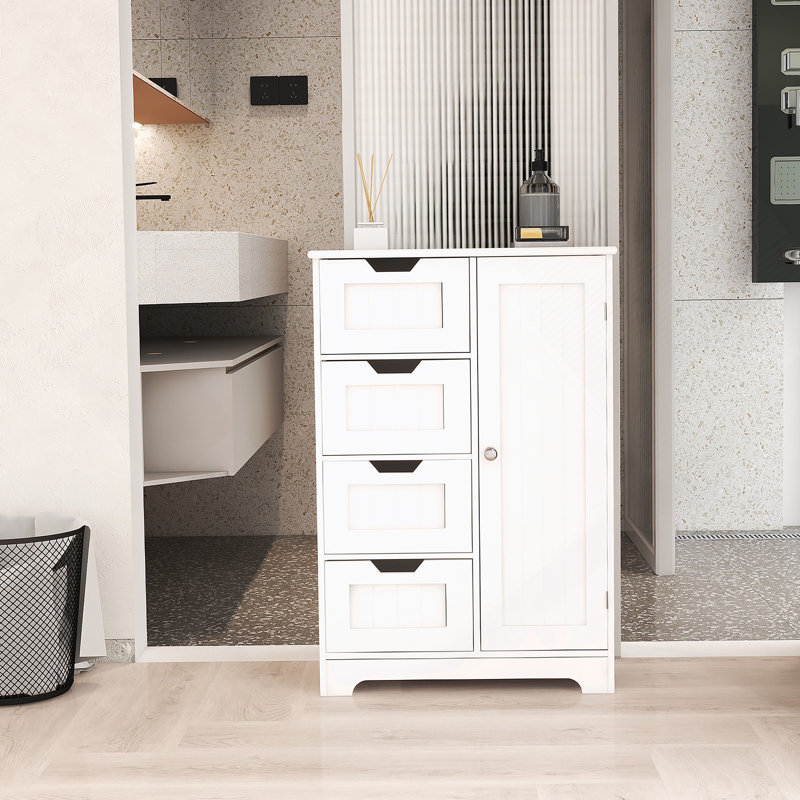 Armoire de rangement autoportante blanche avec tablettes réglables, 4 tiroirs et 1 porte