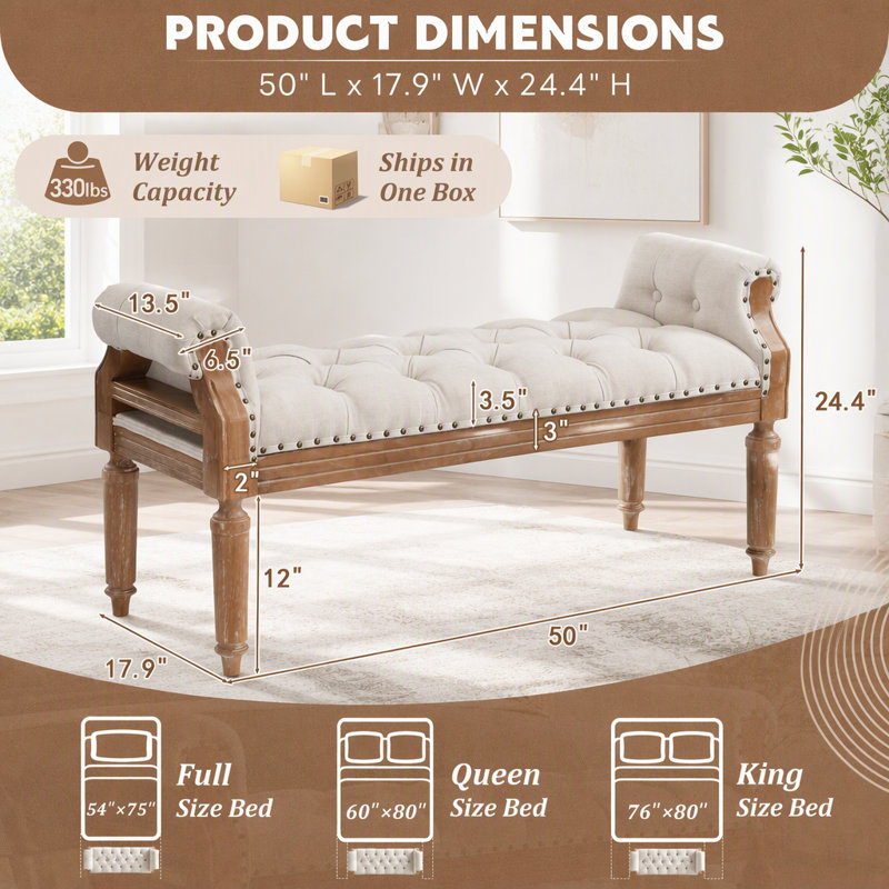 Fabric Upholstered Bench, Beige with Weathered Teak Leg
