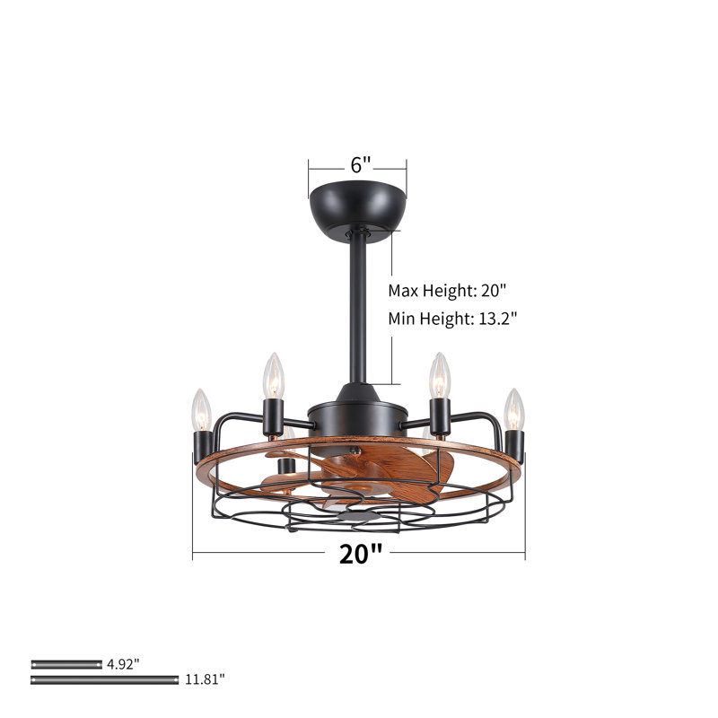 Ventilateur de plafond de style campagne moderne de 20 pouces avec grain de bois et lumière, noir rustique Fandelier