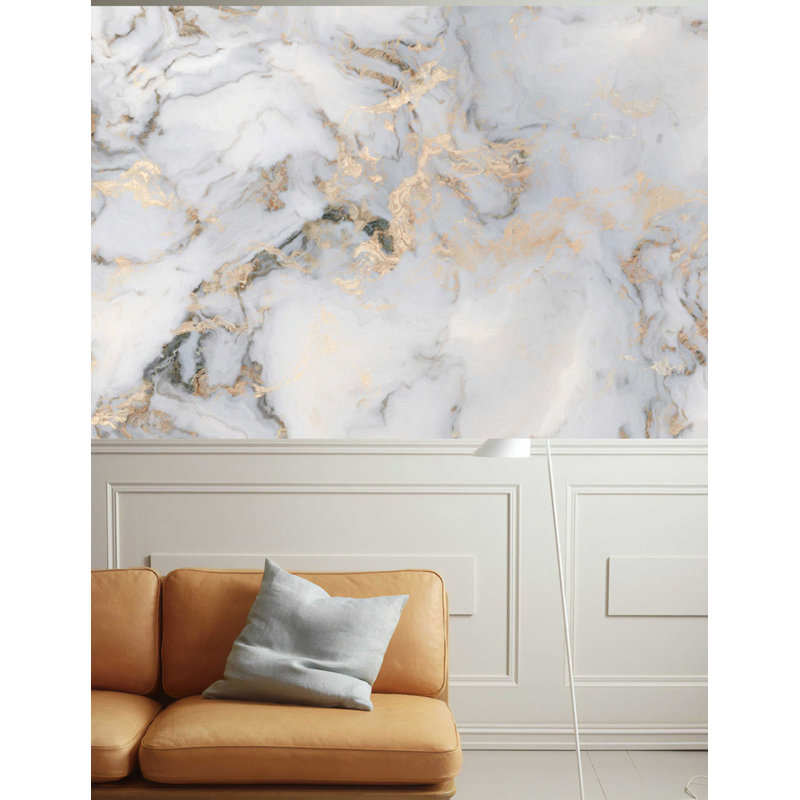 Papier peint amovible à motif abstrait doré gris clair et marbre Cridhe, L 106 po x l 187 po